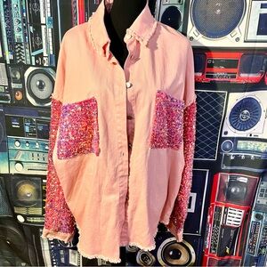 Fantastic Fawn Denim Jeans Shirt Jacket with Sequins Women's Size Medium